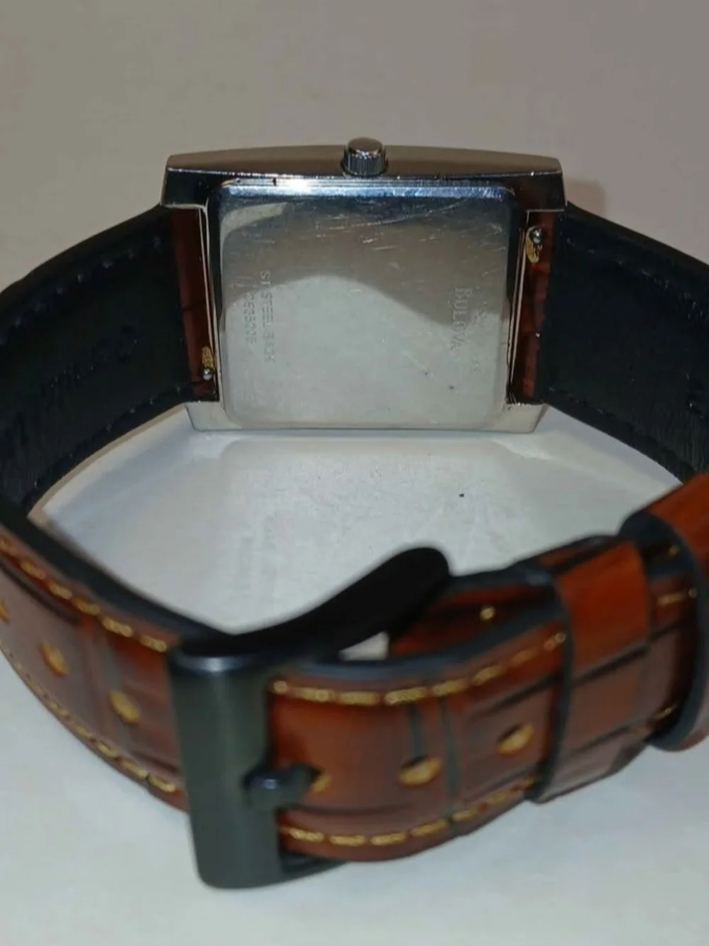 ​Caravelle by Bulova Mens Rectangular Tank Watch Black Dial Brown Leather Strap